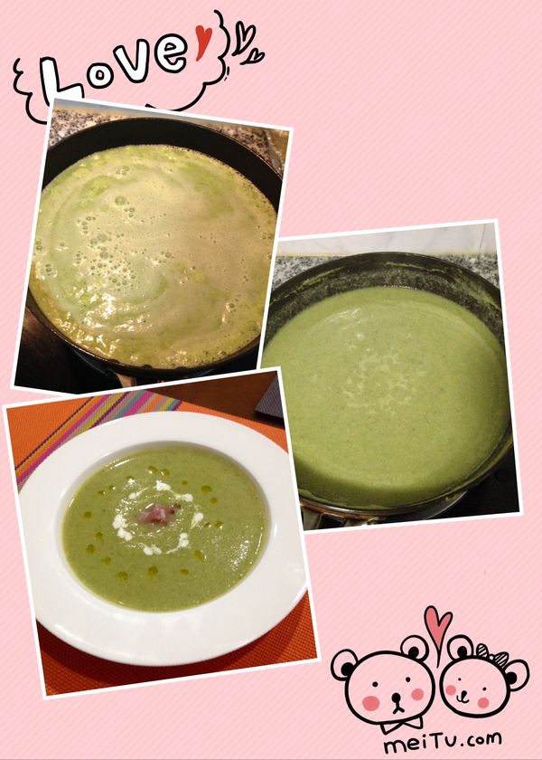 將打好的花椰菜湯倒回原炒鍋中，大火煮滾後轉小火煮約5-7分鐘，泡泡變少，湯略變濃稠時，倒入起司並攪勻，再滾到湯完全濃稠時調味後即可起鍋裝盤，用鮮奶油和特級橄欖油裝飾並放入切薄丁的帕馬火腿，綠花椰起司濃湯上菜。