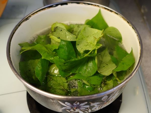 原滾水鍋續用，清燙地光瓜葉約1~2分鐘即可撈起。