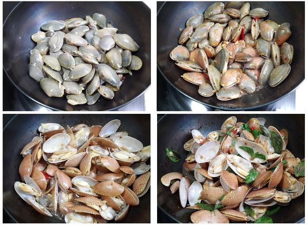 接著放入海瓜子，蓋鍋，轉大火，冒出煙時開鍋蓋拌炒一下，再蓋鍋悶個3分鐘，海瓜子應該全開了，放入九層塔拌炒，就可以起鍋了!