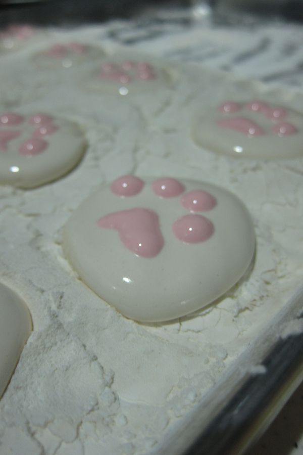 做出貓掌(四個圓點及一個小三角形)，然後放入冰箱冰個30分鐘以上