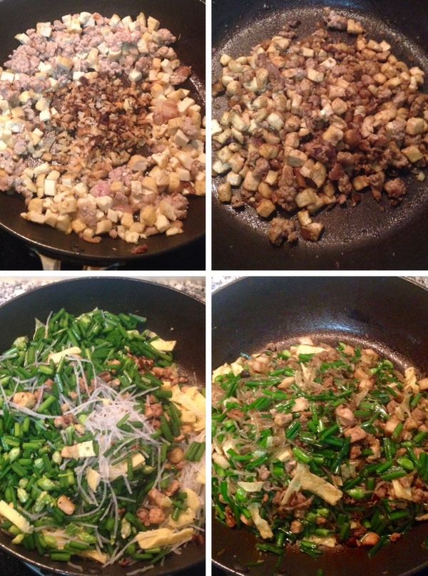 鍋內放約2匙沙拉油，先下紅蔥頭爆香後，一邊放絞肉炒到肉變白，一邊放油豆腐略煎，再將三種食材混炒後，中間空出來爆香香菇和蝦米末，香味出來後再次混勻，並下白胡椒粉和醬油拌炒上色，接著放入韭菜花和冬粉，並且下香油、鹽、胡椒鹽、香菇精調味，略為拌炒後關火放涼備用。