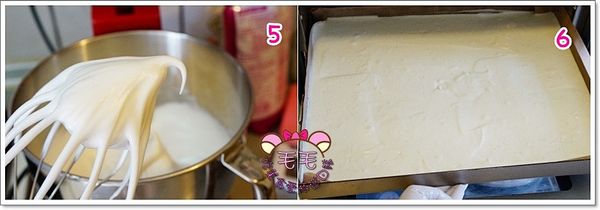 5. 蛋白加糖打發至7、8分發，分2~3次加入蛋黃糊，輕輕攪拌均勻。

6. 將麵糊倒入鋪了烘焙紙或是烤盤布的深烤盤，用刮板將表面平整，放烤箱下層，用200/160烤12分+200/100烤5分。(烤溫與時間依自家烤箱而定)