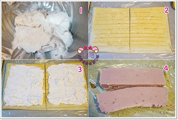 1. 將紫薯粉加入鮮奶油，打發至絲滑狀即可。

2. 將蛋糕捲用刀子輕輕畫線(畫線方向與捲的方向垂直)。

3. 抹上打發好的紫薯鮮奶油，接近開始捲(起頭)的地方可以抹厚一點。

4. 拿出凝固的紫薯奶凍，切一半分開。