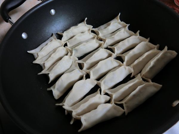 鍋熱放入1大匙油，將鍋貼整齊排入鍋中，以中火煎至微黃