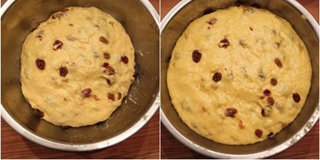 放入鋼盆，以30度C發酵2小時至2倍大，工作枱灑粉，取出麵團，用刮刀幫忙整成球形．