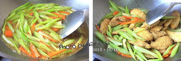 起油鍋，先將西洋芹和紅蘿蔔炒至半熟
加點鹽、灑點糖，倒進些許烏醋
倒進一杯水拌勻後將食材悶熟

最後倒進酥脆的鯛魚片輕輕拌炒一下
讓鯛魚外衣都沾上了湯汁即可熄火起鍋