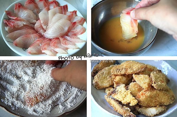 將鯛魚切成片狀先沾一層蛋液
然後再木薯粉上滾一圈
把沾好外皮麵衣的魚片放進熱油鍋中
炸成金黃酥脆的樣子即可起鍋瀝乾油備用