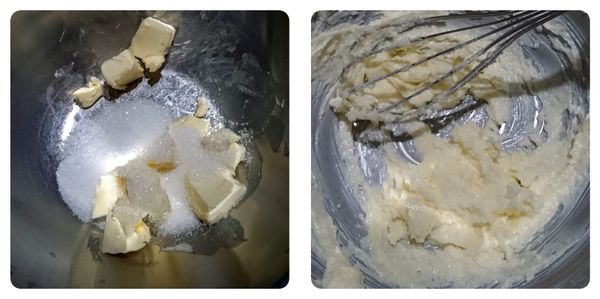 室溫軟化的奶油加入細砂糖用手持打蛋器打發至鬆軟泛白