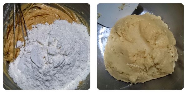 過篩後的麵粉分2-3次加入作法3改用刮刀拌勻即完成餅乾糊
