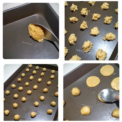 用小湯匙挖出部份餅乾糊(我是大約用而已，沒秤重)，整齊排放在烤盤上，用手稍搓圓，再用湯匙背壓扁平，可再用手稍整型一下