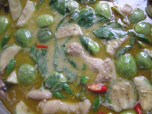 將綠咖哩醬跟豬肉片炒香、香味出來之後加入椰漿、泰式棕櫚糖等椰漿滾燙後、加入茄子、槌好的紅蔥頭、辣椒）、泰式魚露調味、煮大概20分左右等肉跟茄子熟就可以關掉火了！

要吃的時候在加入九層塔、切好的辣椒攪拌一下、我們的綠咖哩就完成了^^