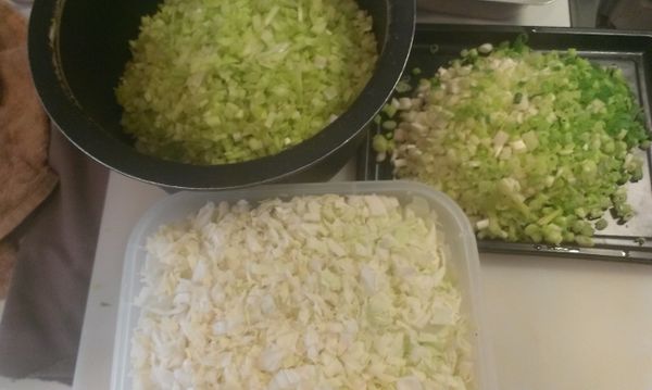 先將蔬菜洗好晾乾再將高梨菜.韭黃.蔥.切末.備用(高梨菜不要切太細.吃時才會有脆度)