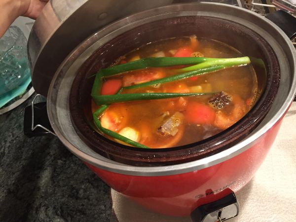 將炒鍋中的材料移入內鍋，並加入三杯水和青蔥一把。外鍋加兩杯水，上蓋，燉煮至開關跳起即可。