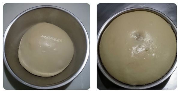 將麵團光滑面翻折出滾圓，收口捏緊朝下放入抹少許油的盆中 ，在麵團表面噴一些水避免乾燥， 將麵團放入烤箱中 ，做第一次發酵約60分鐘至2倍大，或用手指沾粉按壓洞不會回彈即發酵完成