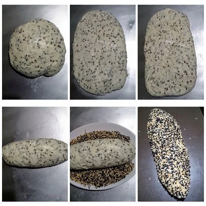 休息好的麵團表面灑些手粉避免沾粘，用手輕拍成長橢圓形然後翻面，再由短向捲起 ，一邊捲一邊壓一下收口處及2端捏緊成為一個橄欖形，麵團正面(收口處朝上)沾上黑、白芝蔴 ，隔整齊放入烤盤中噴些水放烤箱中再發酵約50分鐘至2倍大