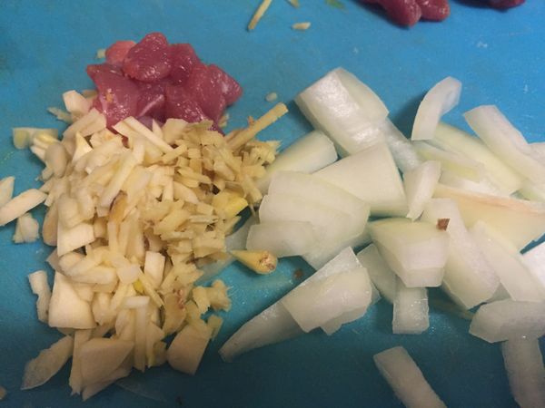 準備豬肉末（肉條切塊）、蒜末、洋蔥末、薑末
