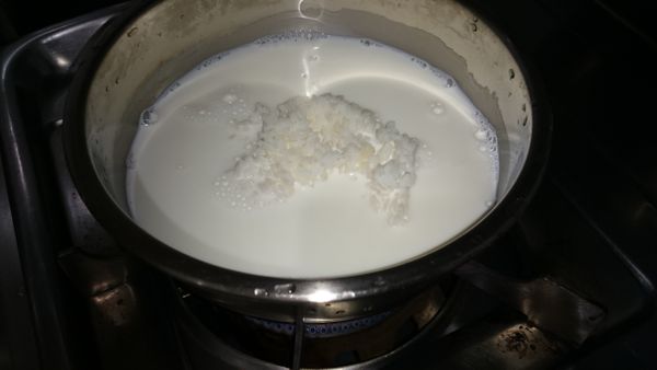 取一小鍋，開小火，倒入鮮奶與白飯，邊煮邊攪拌，約略5分鐘~