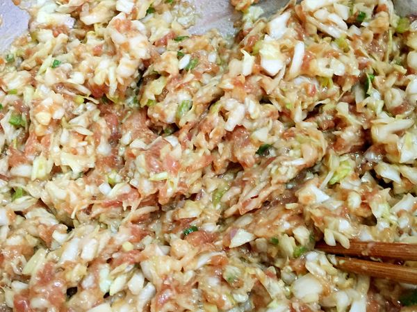 豬絞肉加入調味與蛋、蔥末、薑末，用手持攪拌器勾勾的那款，低速兩分鐘，高速打七、八分到出筋。