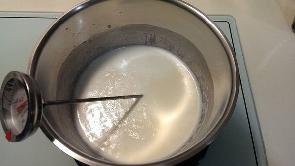 先將牛奶煮至微滾約60-70度即可關火