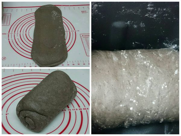 完成３次三折後，將麵團桿成長形後捲起，取出麵包機容器內的葉片，將整型好的麵團平放入容器內，放回麵包機內，蓋上蓋子進行第二次發酵。若室溫低，可啟動"製作天然酵母"的發酵功能，以控制溫度讓麵團較好發酵。約１.５小時麵團達八九分滿，即發酵完成，即可選擇烘烤模式進行烘烤。