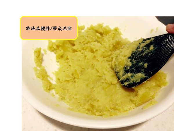 將地瓜去皮後，拌勻/壓扁成泥狀，再型塑成【片狀】