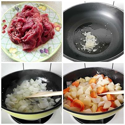 蒜末爆香後加入洋蔥拌炒一下..再倒入切塊的馬鈴薯和胡蘿蔔丁拌炒均勻~