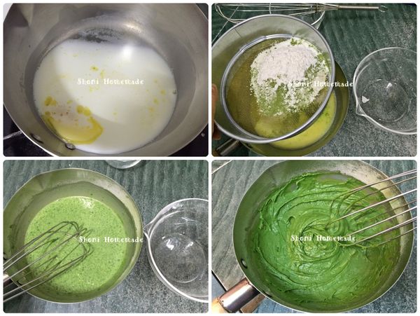 接著做抹茶內餡，將所有粉類依份量先稱好，糖另外稱，然後把奶油和牛奶放入鍋子加溫一下，再加入糖一起加熱，讓奶油和糖融化即可；先將鍋子離火，然後把剛才稱好的粉類過篩至鍋子裡，先大致混合均勻，再回爐上加熱至半凝固狀態（需邊加熱邊攪拌，注意不要煮太乾），當你攪拌器可以劃出明顯的紋路就代表完成了