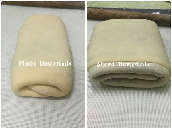 接著將麵團桿開後，上下折成三等份，然後再桿開，再折起來…    重覆這樣的動作三次，完成所謂的「三桿三折」