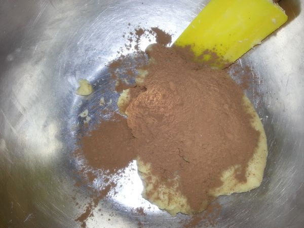 一份加入可可粉拌勻揉捏均勻後，再分成二份。