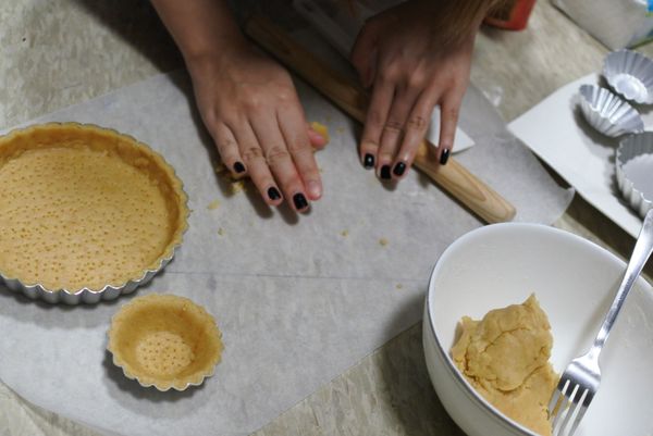 如果太乾可以微量加點蛋液或牛奶，太濕就再加麵粉。麵團好後桿至適當厚度鋪在塔模上。