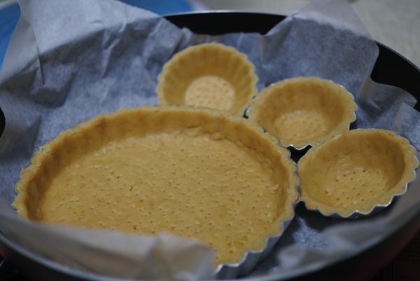 塔皮壓緊，用叉子在底盤叉洞。在平底鍋上鋪上一層烘焙紙，塔皮擺上，開中小火蓋上蓋子後烤五分鐘，轉小火再烤30-40分鐘左右。