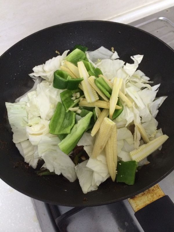 豬肉都沾裹上醬色後，加入所有蔬菜