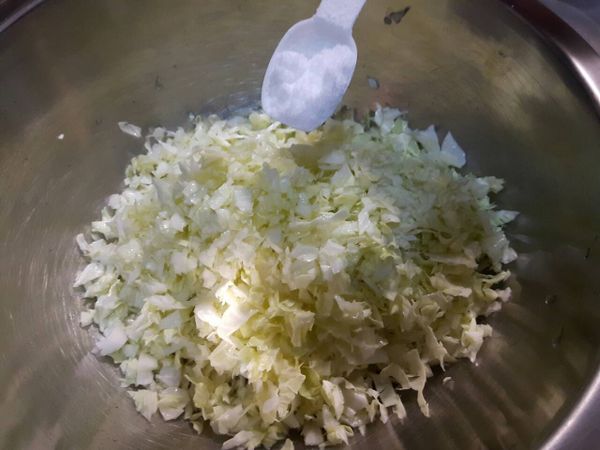 高麗菜切碎，加鹽擠乾水分