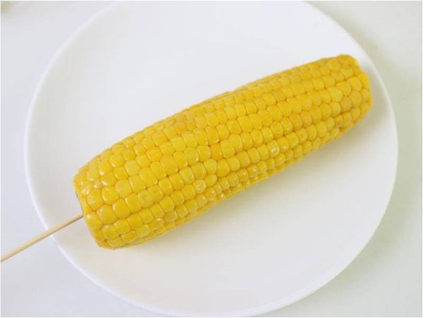 整隻玉米真的是金黃色的，黃澄澄相當漂亮，甜度又高。尾部插上烤肉插，到時候食用方便。