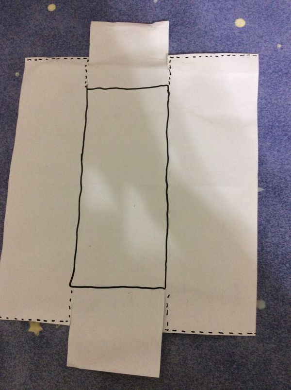 拿一支筆 把模放在烤紙上畫一圈
之後將紙剪成這個樣子
靠近短邊要剪到貼齊邊
翻過去另外一面折起來
變成上面的樣子