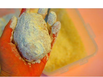 10.將肉蛋都沾滿的麵粉，多餘的稍為拍一下，動做一定要輕柔。