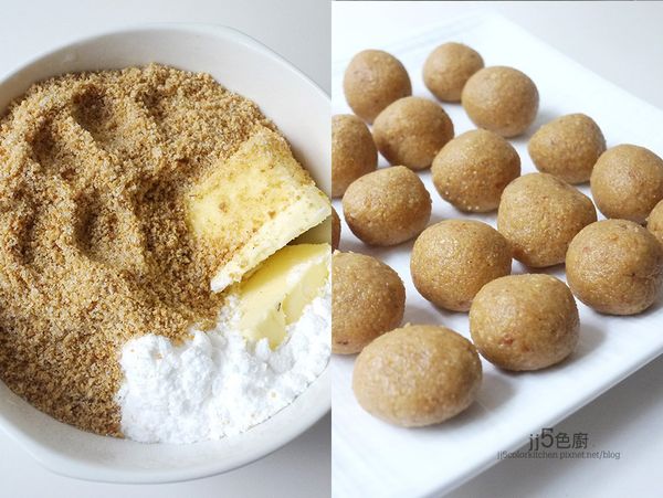 花生餡材料放深碗，奶油變軟時，將餡料掐成糰。然後取1/4湯匙量揉成小圓球（比平常湯圓小一半），放冷凍凝固後，才會好包。。