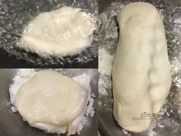 混合"粿引"：糯米粉揉成糰後，取一小塊（約麵糰1/4量)，壓扁，放入滾水中煮熟（浮在水面）。將粿引放回原來的麵糰，搓揉成糰，要揉到表面光滑有延展性，放室溫鬆馳10分鐘。加了粿引的糯米粉糰的延展性較好，在包餡料時，不容易鬆散裂開。