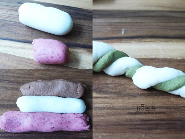 將各色粉糰隨意的輕微混揉在一起，可取兩色到三色混揉，搓成條狀，白色比例多一點，顏色較明顯。