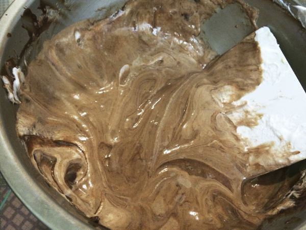 再把步驟9的麵糊倒入打發蛋白裡，一樣攪拌均勻，顏色一致，看不到粉粒，就可以倒入烤模裡