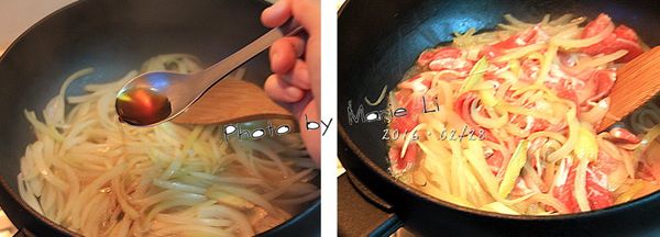 加入三大匙的《鰹魚料亭和露》
再加上一小匙的清醬油做色
然後倒入肉片拌炒後蓋上鍋蓋悶至肉片熟透即可。