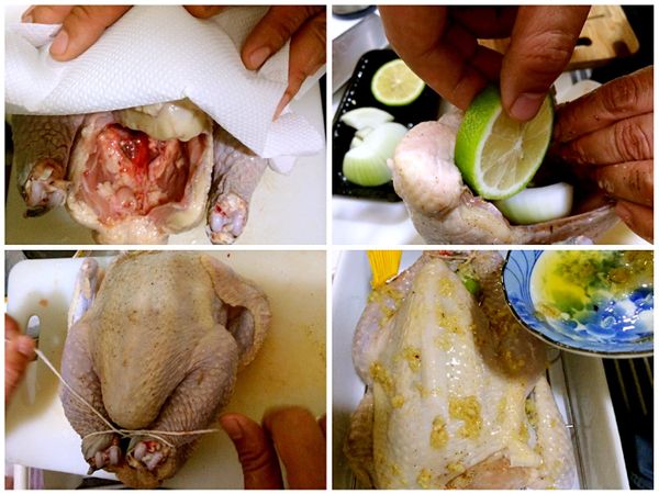 3.清洗土雞、去處肥肉、用廚房紙巾擦乾水分後、把浸泡2小時的調味料2塗抹在土雞肚子裡面。再把半顆洋蔥和2片檸檬放入、最後用繩子綁住。
4. 土雞表面依序塗抹鹽、胡椒粉和剛剛的奶油蒜頭泥。