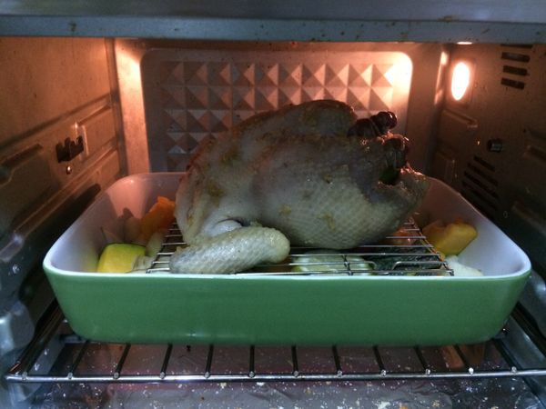 7. 40分鐘到後、土雞從烤箱取出、把蔬菜和土雞滴下來的湯汁精華一起攪拌均勻，最後再把土雞放回架上（不需要放鋁箔紙了）繼續烘烤40-60分鐘至熟或土雞表面呈現至金黃色。