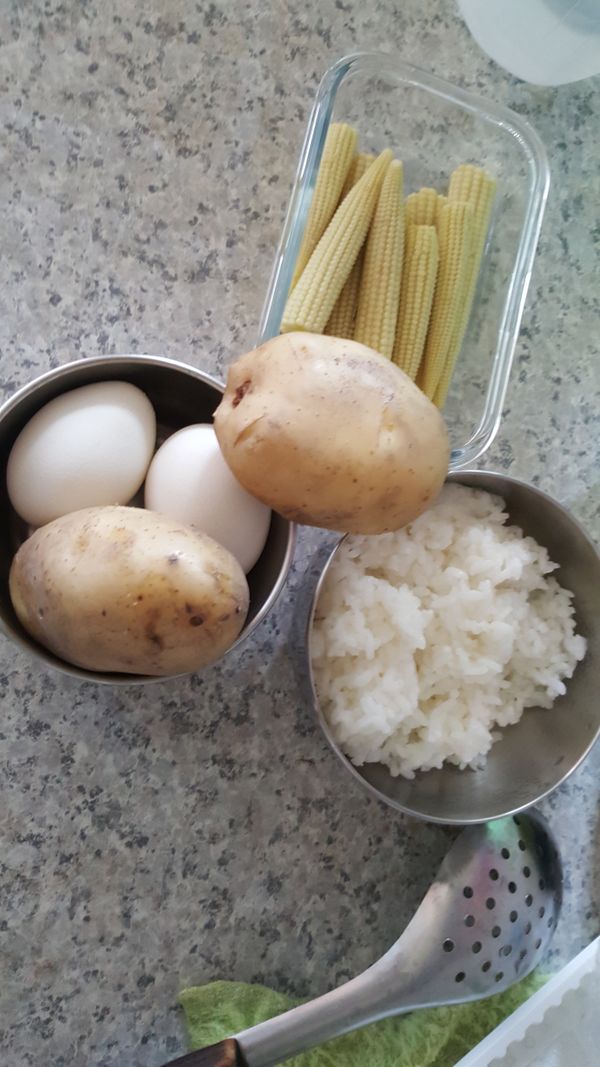 將食材放入電鍋，加水蓋過煮熟及剩飯蒸熱