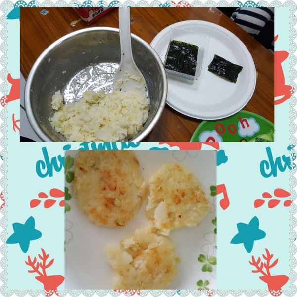 拌勻後可放入海苔內，或捏成飯糰入鍋煎