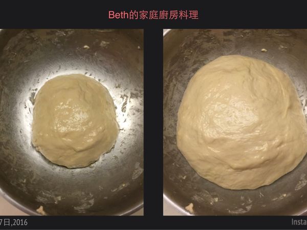 大碗中將麵糰中的乾性材料混勻，加入1、另一半的溫水及1大匙橄欖油，將麵糰揉至無粉粒，表面再塗上剩下的橄欖油，蓋上保鮮膜約1小時，待麵糰發酵為原來的2倍大