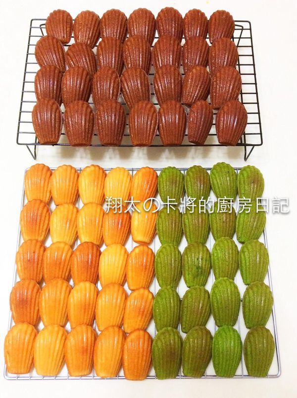 🍫可可瑪德蓮： 
全蛋2個、糖75g、低粉82g、可可粉8g、泡打粉3g、奶油100g、蜂蜜20g