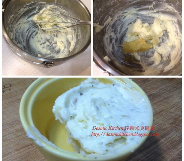 B.) 奶油香蒜醬: 奶油放室溫軟化，用打蛋器打鬆;拌入其他調味料混合均勻
