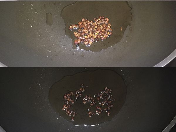 以中小火熱油
放入花椒粒慢熬出香氣
待花椒顏色轉成深褐色後關火撈出花椒粒
（注意別讓花椒熬成焦黑色，這樣會有苦味喔~）