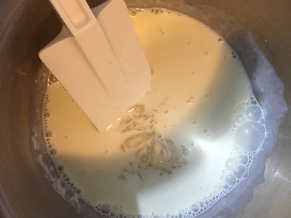 （乳酪體）將泡軟的吉利丁，先把多餘的水擠乾，放入鮮奶油中攪勻